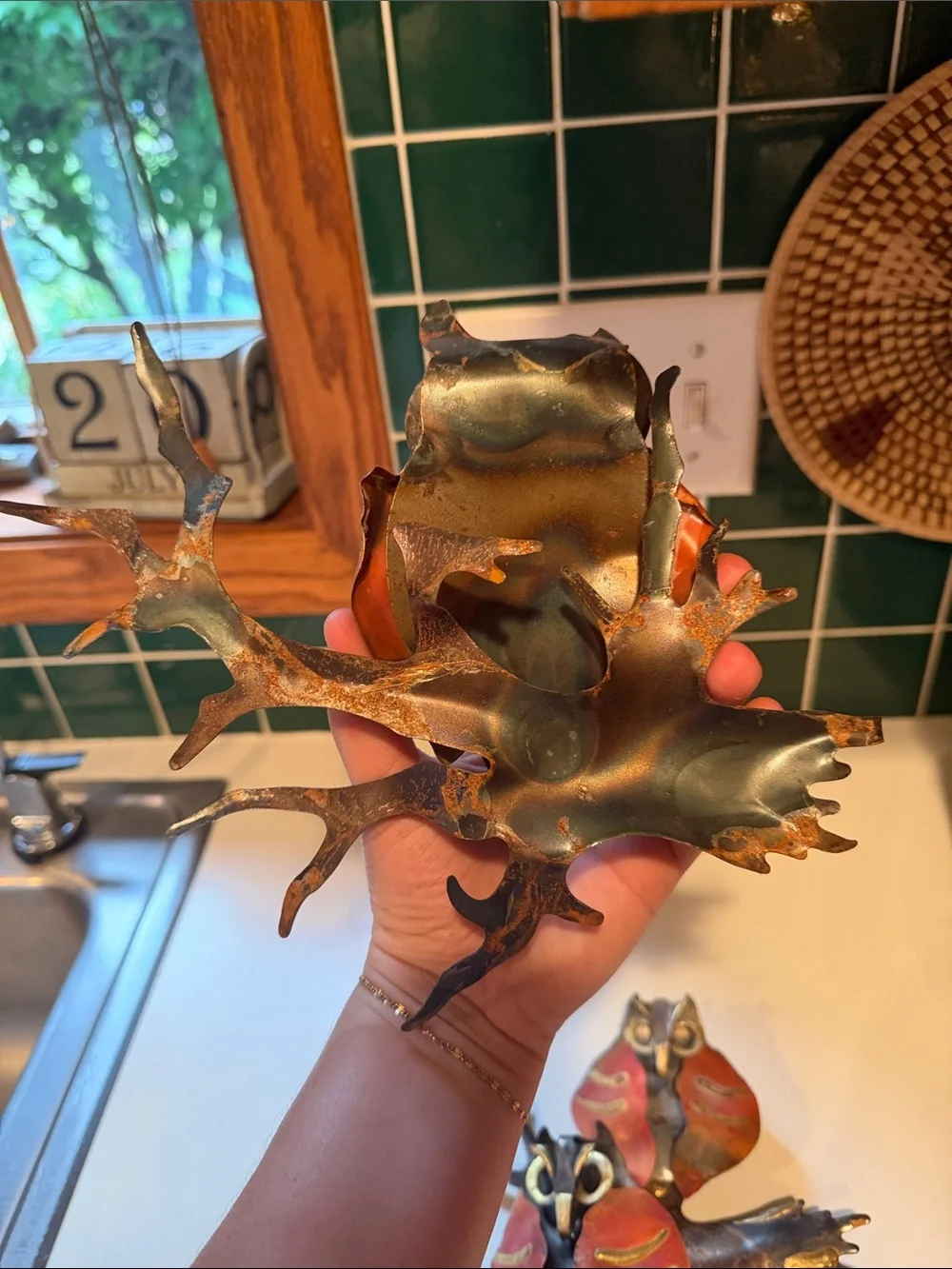MCM Brutalist Metal Owl Wall Art Hanging Sculpture Gold Enamel Home Interiors X2